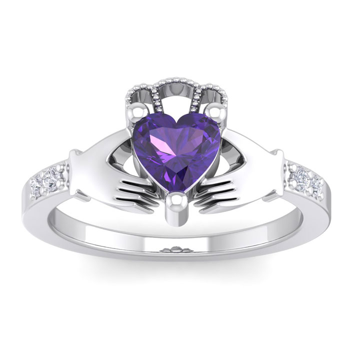 3/4 Carat Heart Shape Amethyst & Diamond Claddagh Ring in 14K White Gold (4 g), , Size 4 by SuperJeweler