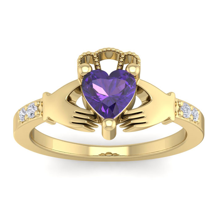 3/4 Carat Heart Shape Amethyst & Diamond Claddagh Ring in 14K Yellow Gold (4 g), , Size 4 by SuperJeweler