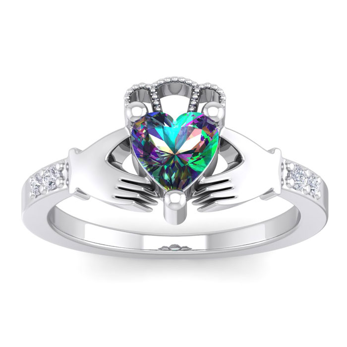 1 Carat Heart Shape Mystic Topaz & Diamond Claddagh Ring in 14K White Gold (4 g), , Size 4 by SuperJeweler