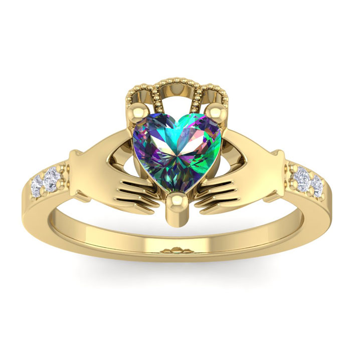 1 Carat Heart Shape Mystic Topaz & Diamond Claddagh Ring in 14K Yellow Gold (4 g), , Size 4 by SuperJeweler