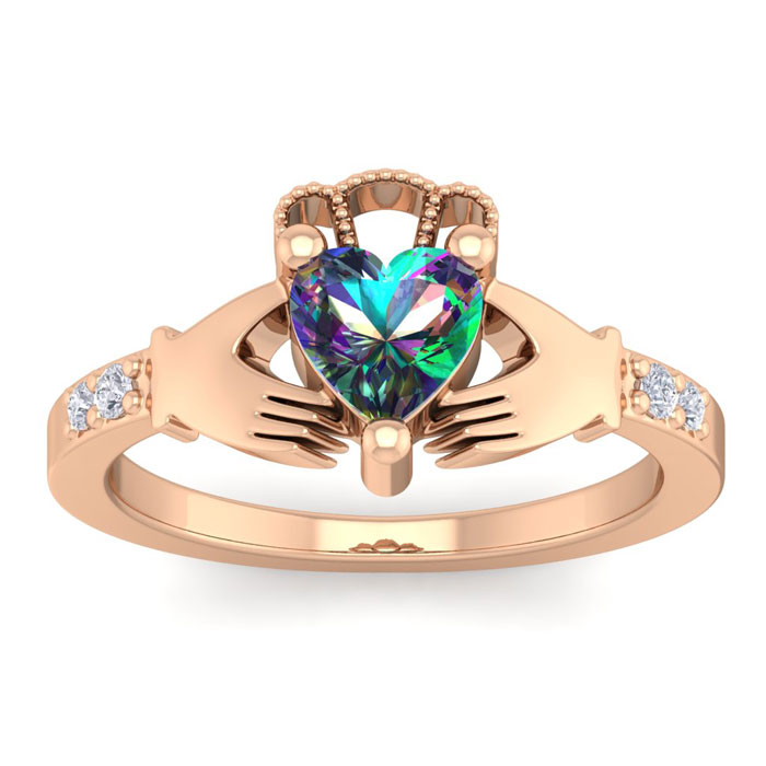 1 Carat Heart Shape Mystic Topaz & Diamond Claddagh Ring in 14K Rose Gold (4 g), , Size 4 by SuperJeweler