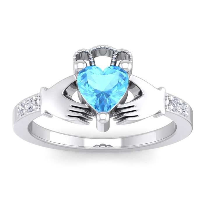 1 Carat Heart Shape Blue Topaz & Diamond Claddagh Ring in 14K White Gold (4 g), , Size 4 by SuperJeweler