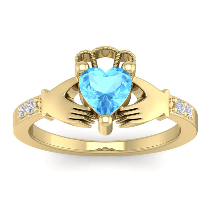 1 Carat Heart Shape Blue Topaz & Diamond Claddagh Ring in 14K Yellow Gold (4 g), , Size 4 by SuperJeweler