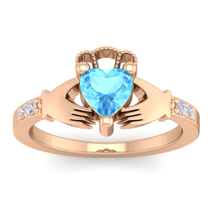 1 Carat Heart Shape Blue Topaz & Diamond Claddagh Ring in 14K Rose Gold (4 g), , Size 4 by SuperJeweler