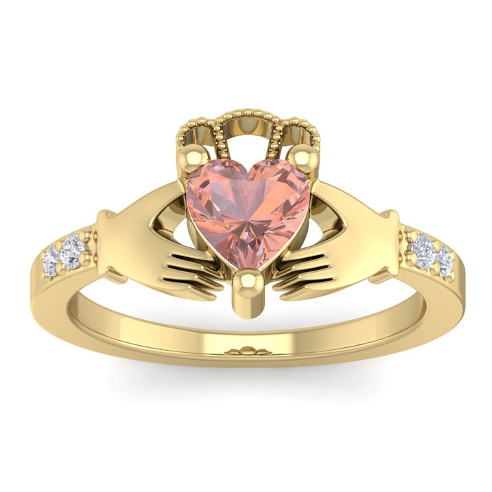 3/4 Carat Heart Shape Morganite & Diamond Claddagh Ring in 14K Yellow Gold (4 g), , Size 4 by SuperJeweler