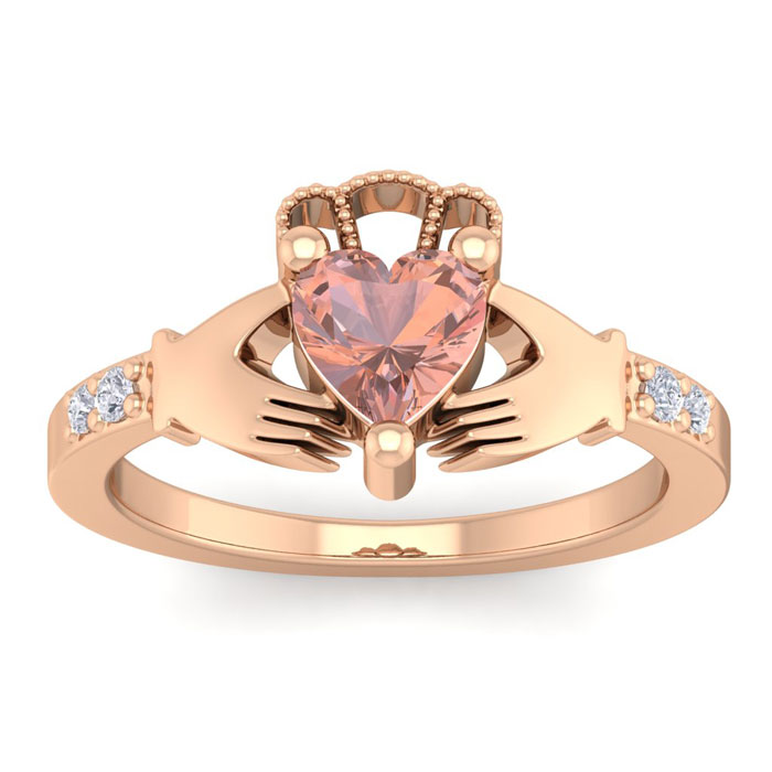 3/4 Carat Heart Shape Morganite & Diamond Claddagh Ring in 14K Rose Gold (4 g), , Size 4 by SuperJeweler