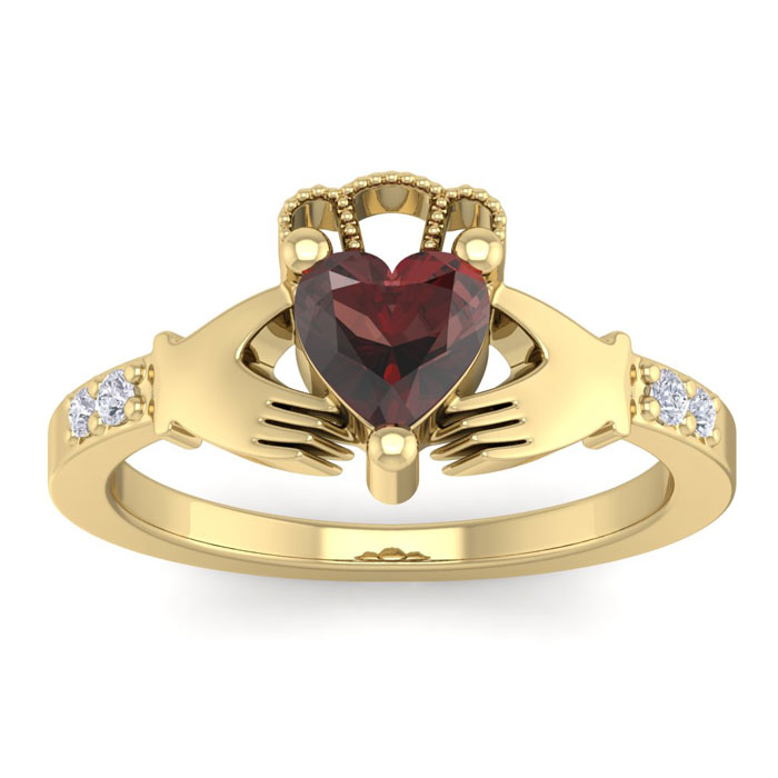 1 1/5 Carat Heart Shape Garnet & Diamond Claddagh Ring in 14K Yellow Gold (4 g), , Size 4 by SuperJeweler