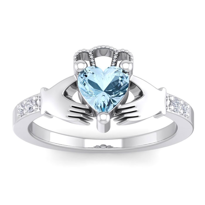 3/4 Carat Heart Shape Aquamarine & Diamond Claddagh Ring in 14K White Gold (4 g), , Size 4 by SuperJeweler