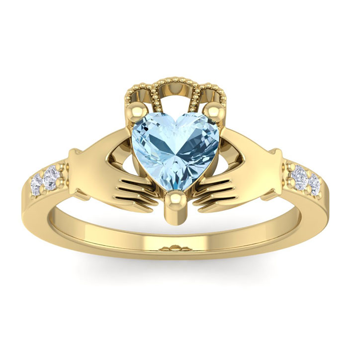 3/4 Carat Heart Shape Aquamarine & Diamond Claddagh Ring in 14K Yellow Gold (4 g), , Size 4 by SuperJeweler