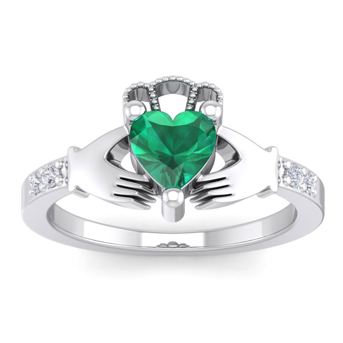 3/4 Carat Heart Shape Emerald Cut & Diamond Claddagh Ring In 14K White Gold (4 G), I-J, Size 4 By SuperJeweler