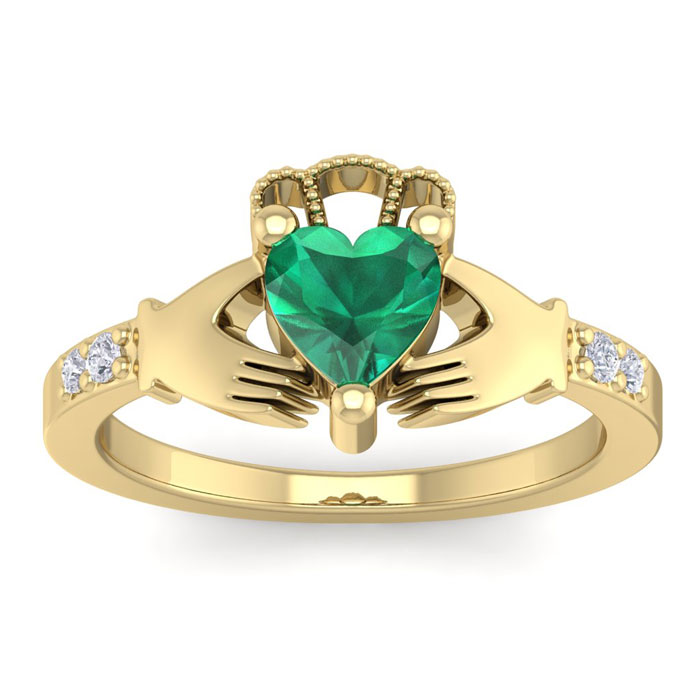 3/4 Carat Heart Shape Emerald Cut & Diamond Claddagh Ring in 14K Yellow Gold (4 g), , Size 4 by SuperJeweler