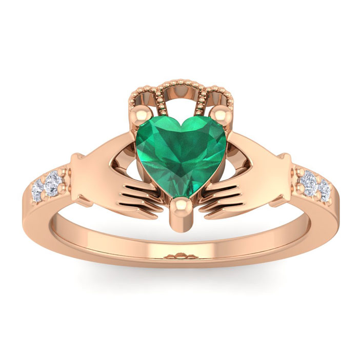 3/4 Carat Heart Shape Emerald Cut & Diamond Claddagh Ring in 14K Rose Gold (4 g), , Size 4 by SuperJeweler