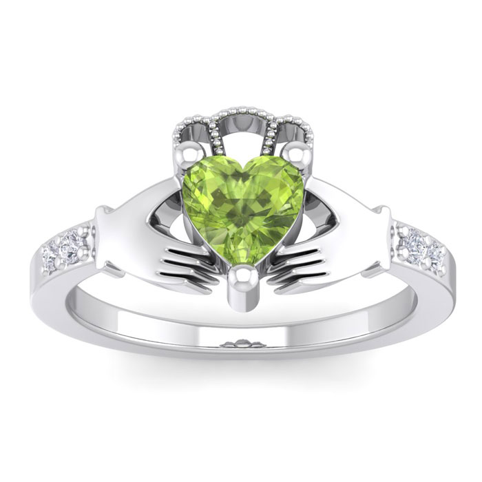 1 Carat Heart Shape Peridot & Diamond Claddagh Ring in 14K White Gold (4 g), , Size 4 by SuperJeweler