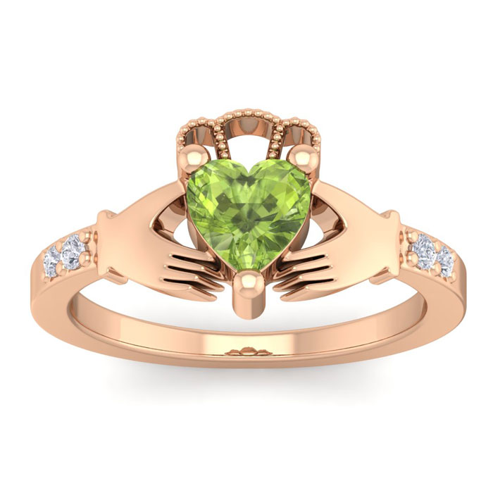 1 Carat Heart Shape Peridot & Diamond Claddagh Ring in 14K Rose Gold (4 g), , Size 4 by SuperJeweler