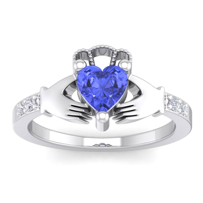 1 Carat Heart Shape Tanzanite & Diamond Claddagh Ring in 14K White Gold (4 g), , Size 4 by SuperJeweler