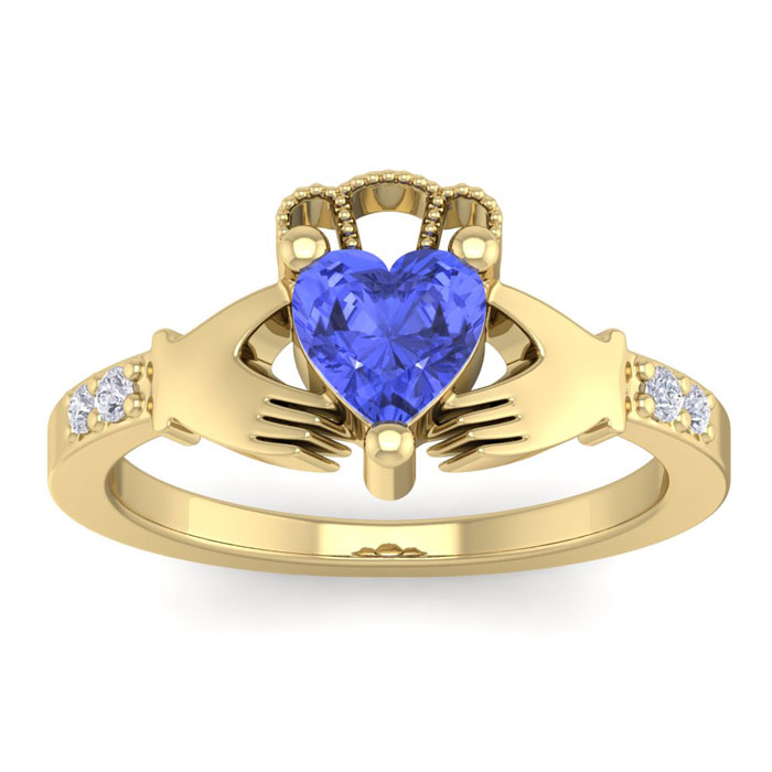 1 Carat Heart Shape Tanzanite & Diamond Claddagh Ring in 14K Yellow Gold (4 g), , Size 4 by SuperJeweler