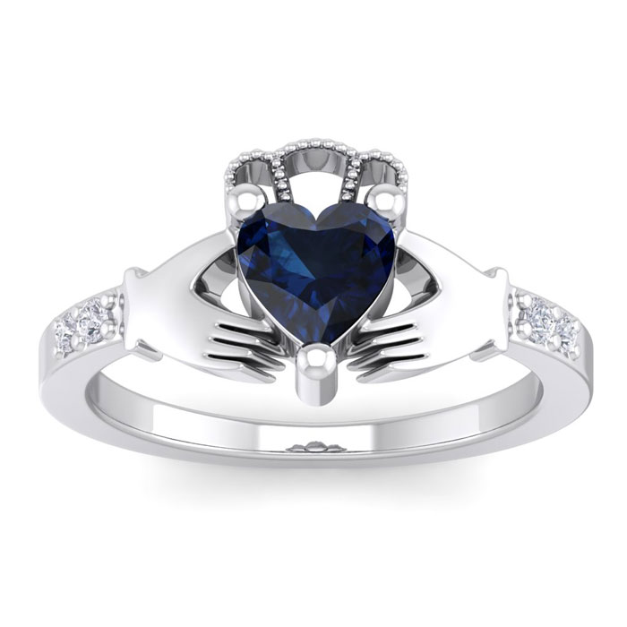 1 1/5 Carat Heart Shape Sapphire & Diamond Claddagh Ring in 14K White Gold (4 g), , Size 4 by SuperJeweler