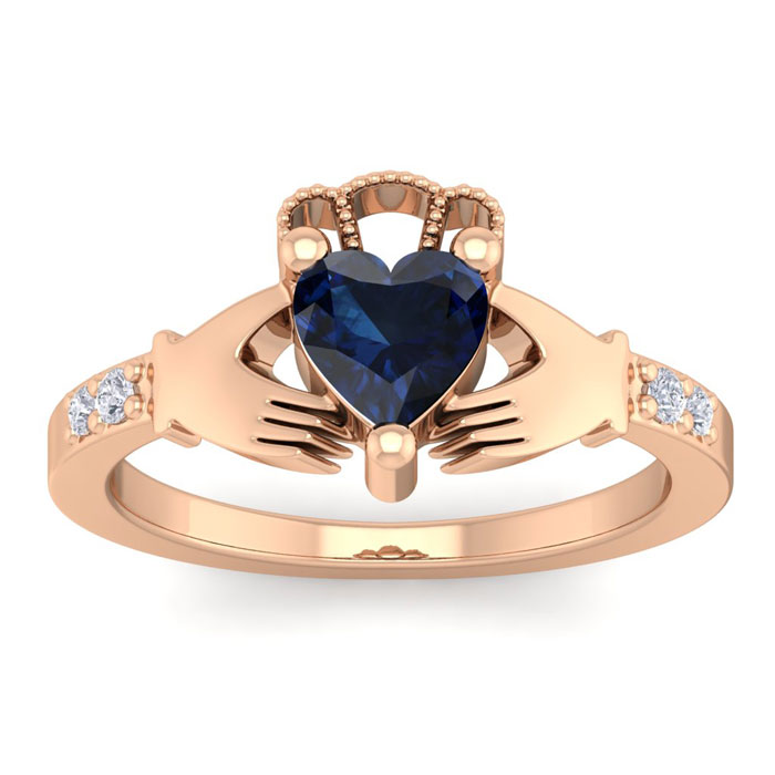 1 1/5 Carat Heart Shape Sapphire & Diamond Claddagh Ring in 14K Rose Gold (4 g), , Size 4 by SuperJeweler