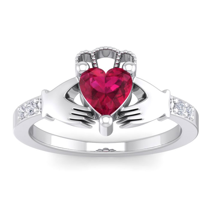 1 Carat Heart Shape Ruby & Diamond Claddagh Ring in 14K White Gold (4 g), , Size 4 by SuperJeweler