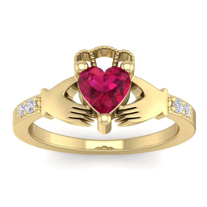 1 Carat Heart Shape Ruby & Diamond Claddagh Ring in 14K Yellow Gold (4 g), , Size 4 by SuperJeweler