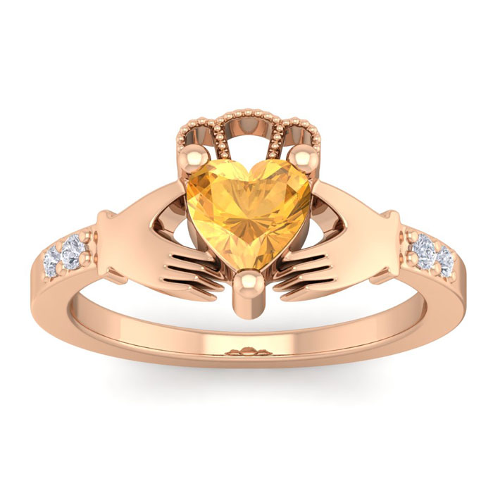 3/4 Carat Heart Shape Citrine & Diamond Claddagh Ring in 14K Rose Gold (4 g), , Size 4 by SuperJeweler