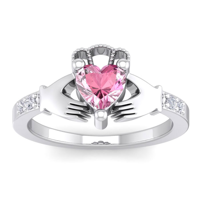 1 Carat Heart Shape Pink Topaz & Diamond Claddagh Ring in 14K White Gold (4 g), , Size 4 by SuperJeweler