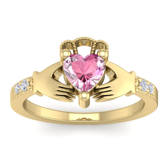 1 Carat Heart Shape Pink Topaz & Diamond Claddagh Ring in 14K Yellow Gold (4 g), , Size 4 by SuperJeweler