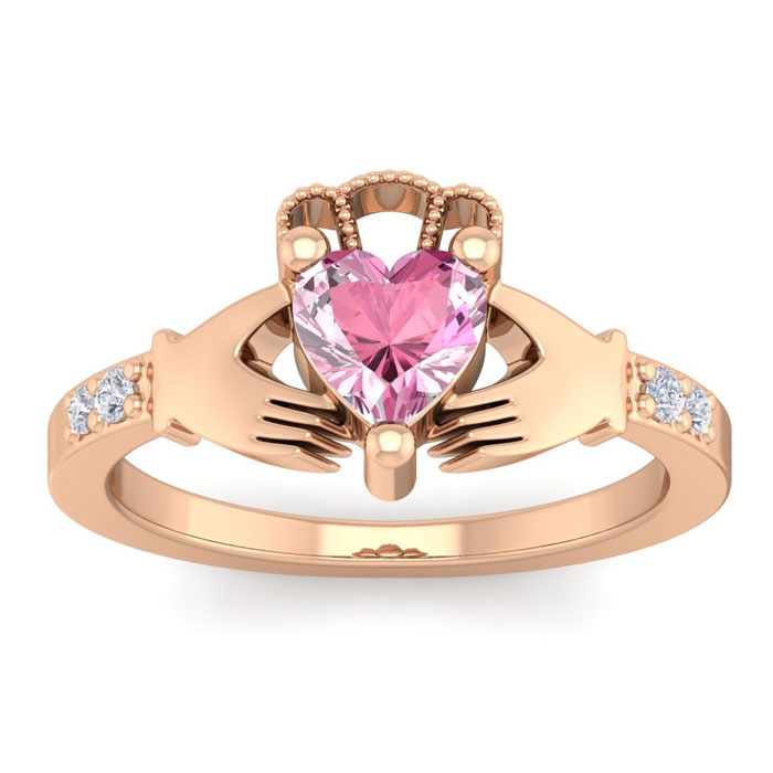 1 Carat Heart Shape Pink Topaz & Diamond Claddagh Ring in 14K Rose Gold (4 g), , Size 4 by SuperJeweler