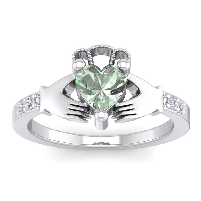 3/4 Carat Heart Shape Green Amethyst & Diamond Claddagh Ring in 14K White Gold (4 g), , Size 4 by SuperJeweler