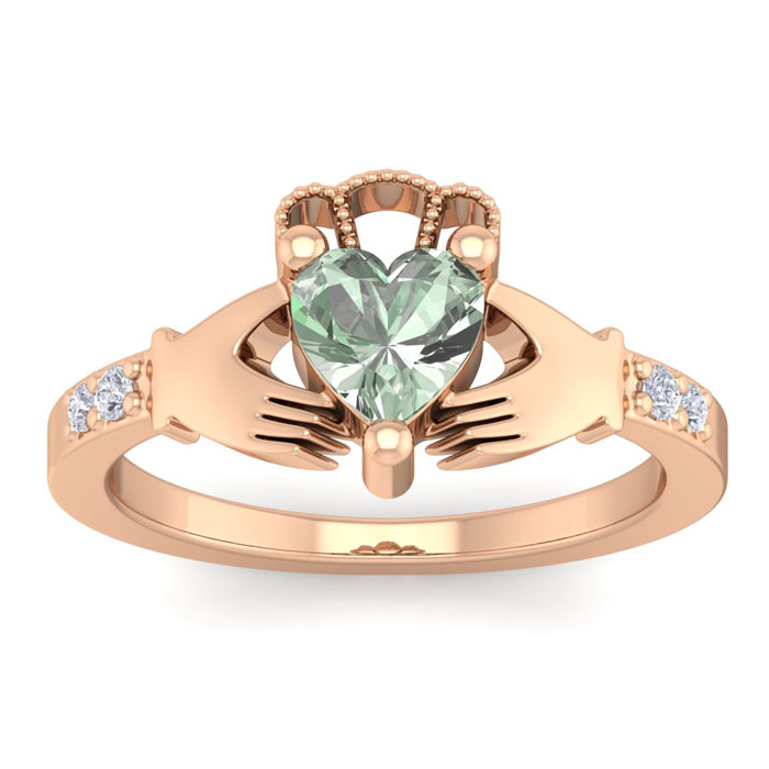 3/4 Carat Heart Shape Green Amethyst & Diamond Claddagh Ring in 14K Rose Gold (4 g), , Size 4 by SuperJeweler