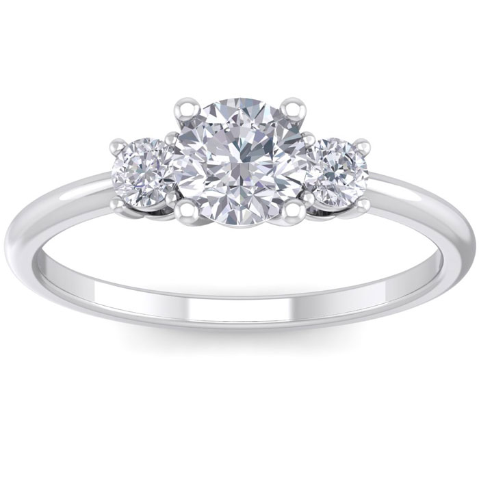 1 Carat Natural Colorless 3 Diamond Engagement Ring Featuring a .75 Carat Center Diamond in Solid 14k White Gold (2 g) (E-F, I2 Clarity Enhanced),