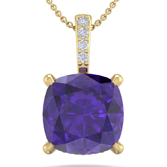 1 Carat Cushion Cut Amethyst & Hidden Halo Diamond Necklace in 14K Yellow Gold (1 gram), 18 Inches,  by SuperJeweler