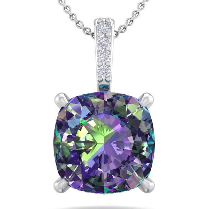 1.25 Carat Cushion Cut Mystic Topaz & Hidden Halo Diamond Necklace in 14K White Gold (1 gram), 18 Inches,  by SuperJeweler