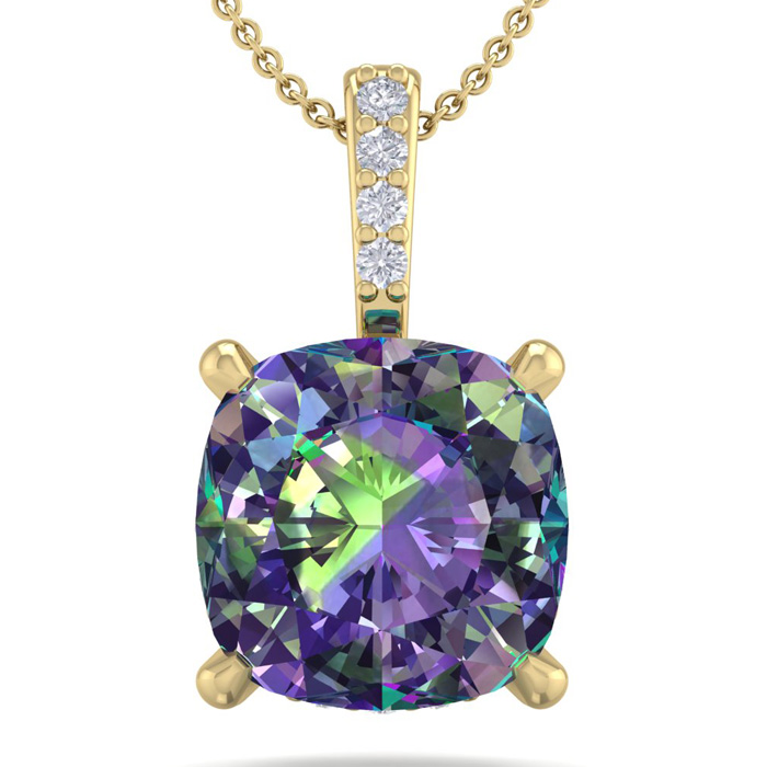 1.25 Carat Cushion Cut Mystic Topaz & Hidden Halo Diamond Necklace in 14K Yellow Gold (1 gram), 18 Inches,  by SuperJeweler