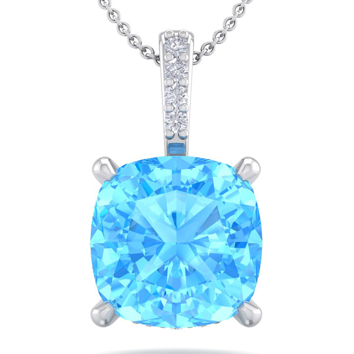 1 1/5 Carat Cushion Cut Blue Topaz & Hidden Halo Diamond Necklace in 14K White Gold (1 gram), 18 Inches,  by SuperJeweler