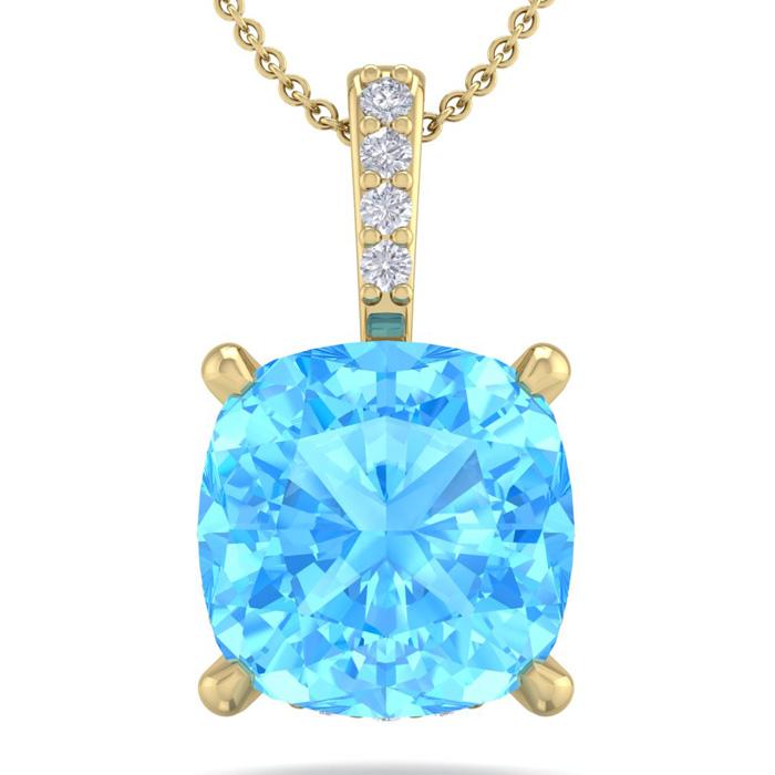 1 1/5 Carat Cushion Cut Blue Topaz & Hidden Halo Diamond Necklace in 14K Yellow Gold (1 gram), 18 Inches,  by SuperJeweler