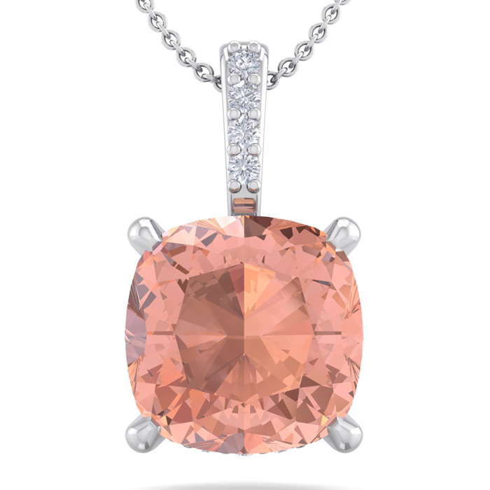 1 Carat Cushion Cut Morganite & Hidden Halo Diamond Necklace in 14K White Gold (1 gram), 18 Inches,  by SuperJeweler
