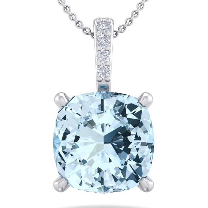 3/4 Carat Cushion Cut Aquamarine & Hidden Halo Diamond Necklace in 14K White Gold (1 gram), 18 Inches,  by SuperJeweler