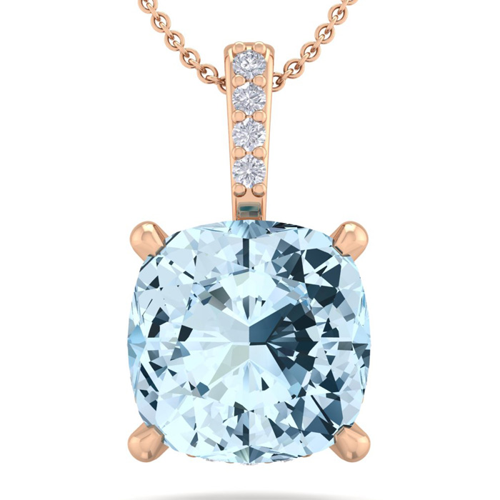 3/4 Carat Cushion Cut Aquamarine & Hidden Halo Diamond Necklace in 14K Rose Gold (1 gram), 18 Inches,  by SuperJeweler