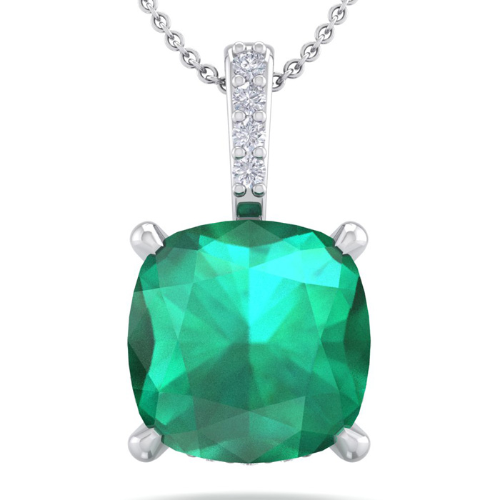 1 1/10 Carat Cushion Cut Emerald & Hidden Halo Diamond Necklace in 14K White Gold (1 gram), 18 Inches,  by SuperJeweler