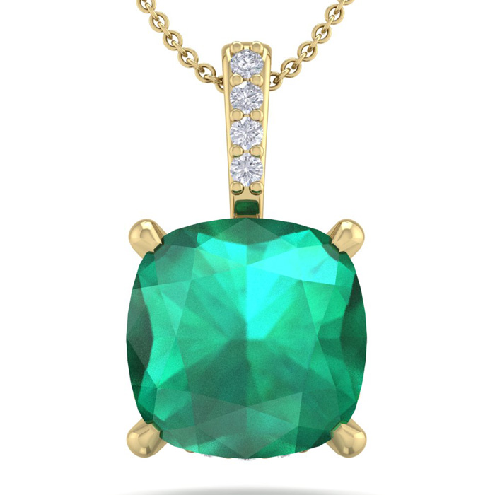 1 1/10 Carat Cushion Cut Emerald & Hidden Halo Diamond Necklace in 14K Yellow Gold (1 gram), 18 Inches,  by SuperJeweler