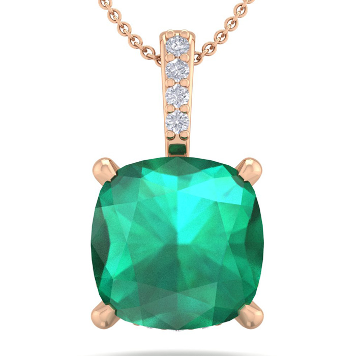 1 1/10 Carat Cushion Cut Emerald & Hidden Halo Diamond Necklace in 14K Rose Gold (1 gram), 18 Inches,  by SuperJeweler