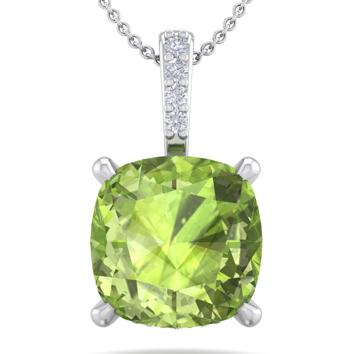 1 1/10 Carat Cushion Cut Peridot & Hidden Halo Diamond Necklace in 14K White Gold (1 gram), 18 Inches,  by SuperJeweler