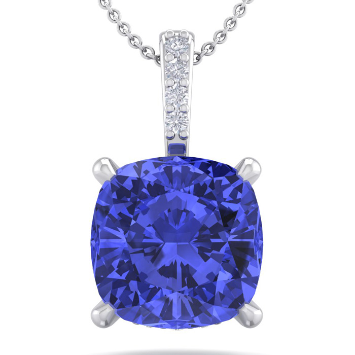 1 Carat Cushion Cut Tanzanite & Hidden Halo Diamond Necklace in 14K White Gold (1 gram), 18 Inches,  by SuperJeweler