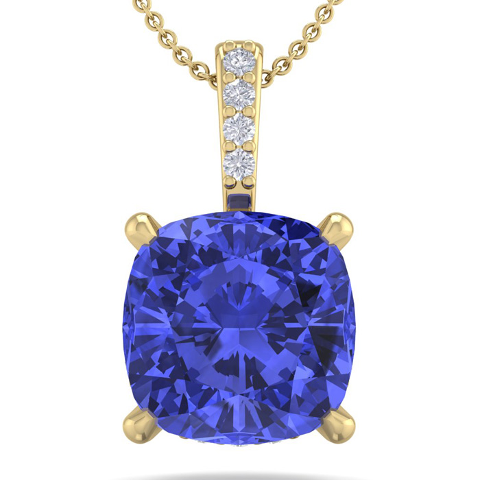 1 Carat Cushion Cut Tanzanite & Hidden Halo Diamond Necklace in 14K Yellow Gold (1 gram), 18 Inches,  by SuperJeweler