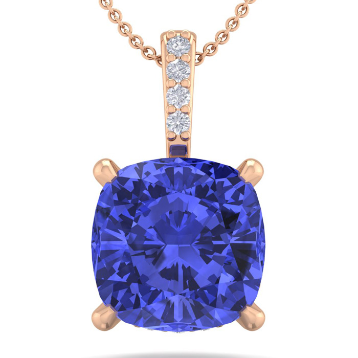 1 Carat Cushion Cut Tanzanite & Hidden Halo Diamond Necklace in 14K Rose Gold (1 gram), 18 Inches,  by SuperJeweler