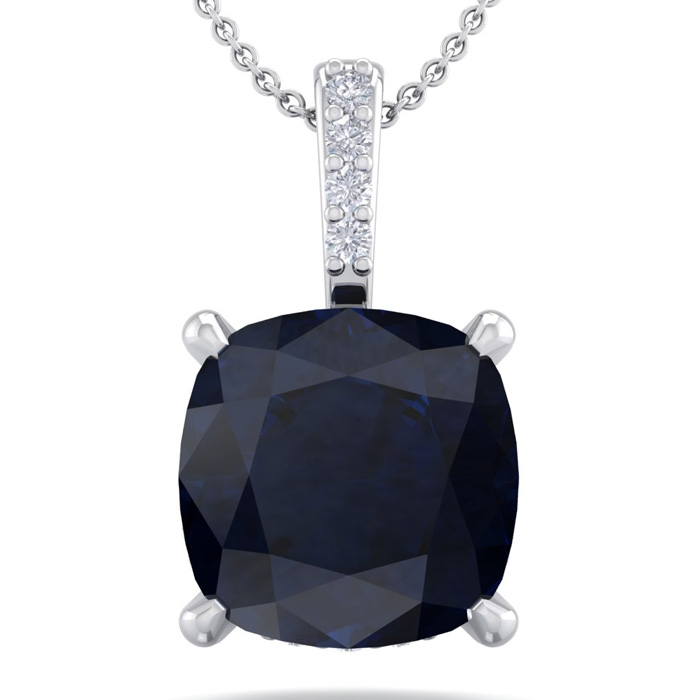 1 1/10 Carat Cushion Cut Sapphire & Hidden Halo Diamond Necklace in 14K White Gold (1 gram), 18 Inches,  by SuperJeweler