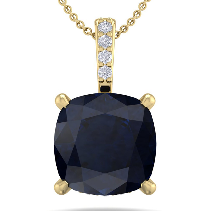 1 1/10 Carat Cushion Cut Sapphire & Hidden Halo Diamond Necklace in 14K Yellow Gold (1 gram), 18 Inches,  by SuperJeweler