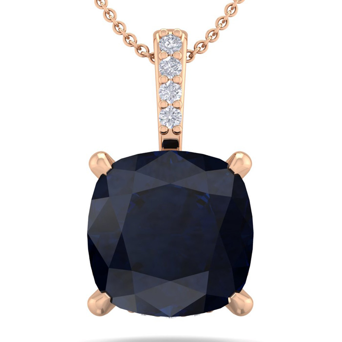 1 1/10 Carat Cushion Cut Sapphire & Hidden Halo Diamond Necklace in 14K Rose Gold (1 gram), 18 Inches,  by SuperJeweler