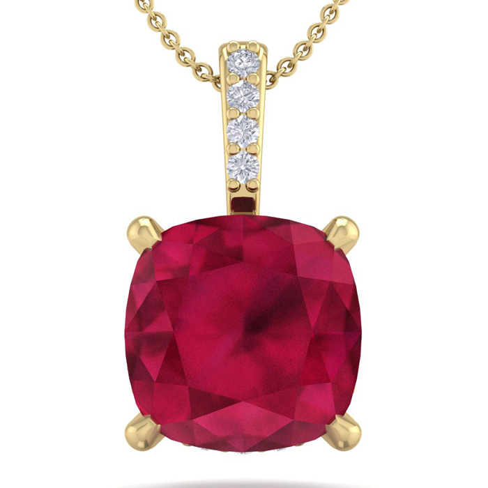 1.5 Carat Cushion Cut Ruby & Hidden Halo Diamond Necklace in 14K Yellow Gold (1 gram), 18 Inches,  by SuperJeweler